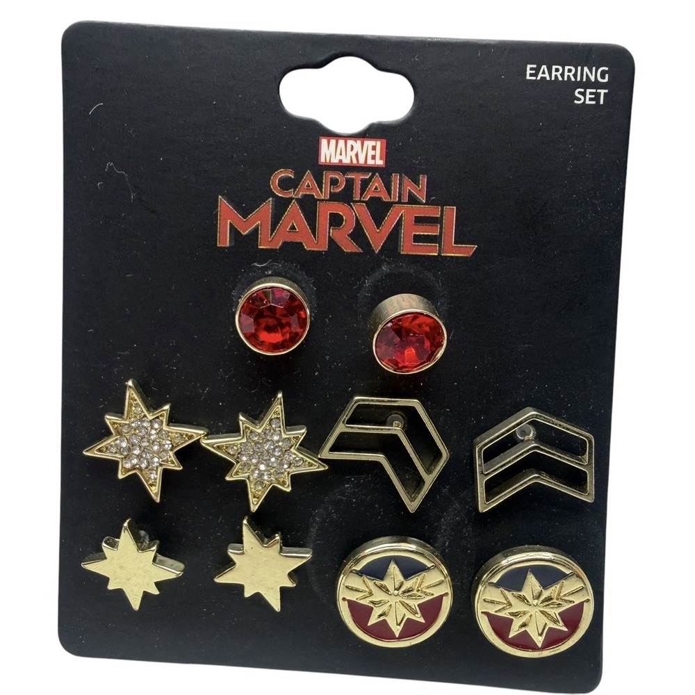 Marvel Captain Marvel 5 Pair Stud Earring Set Bioworld New on Card